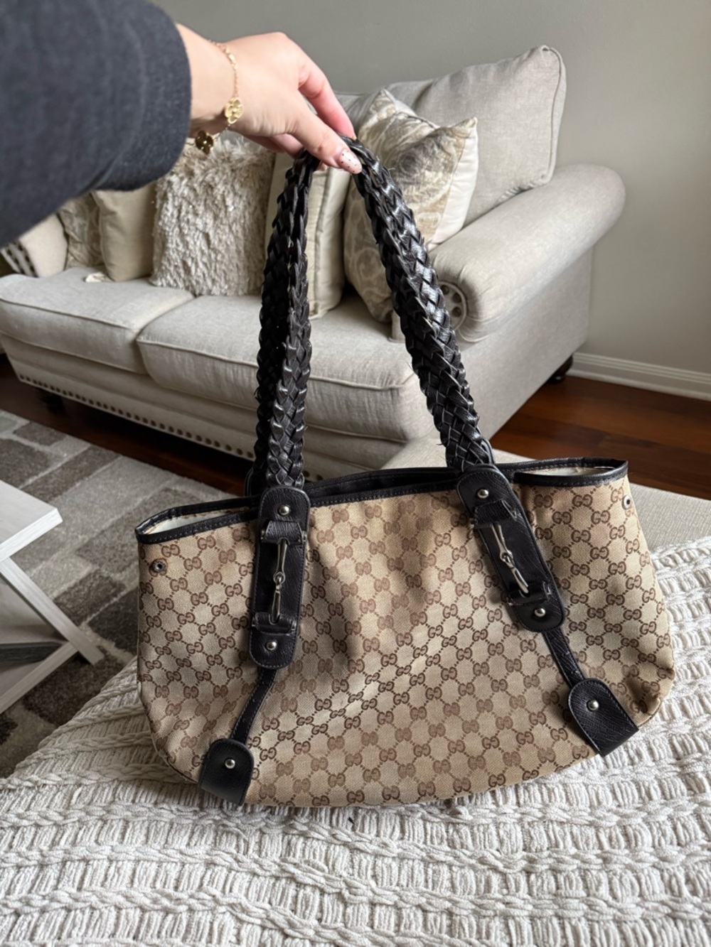 Gucci Beige Monogram Tote with Black Trim - Picture 6 of 6
